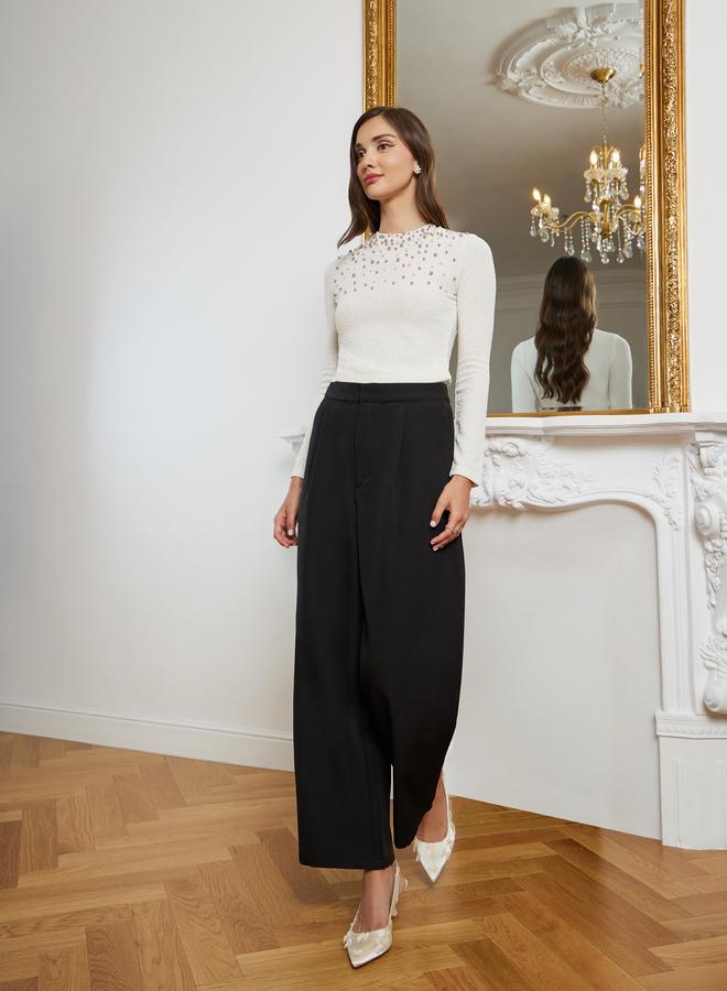 ستايلي بلوزة بتفاصيل محبوكة وأكمام طويلة وتفاصيل لؤلؤ - Image 2